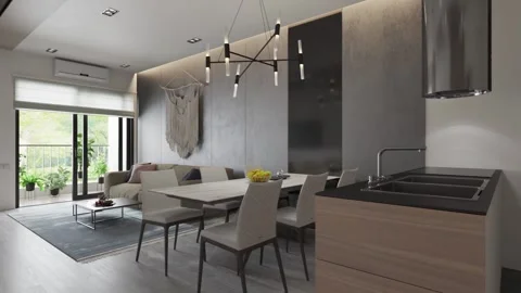 3d render. Camera span across  a modern open living space with kitchen. Stock Footage 133880173