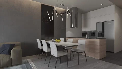 3d render. Camera span across  a modern open living space with kitchen. Stock Footage 133880174