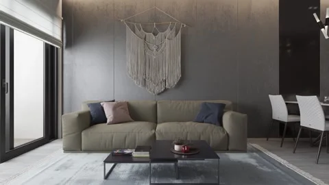 3d render. Camera span across  a modern open living space with kitchen. Stock Footage 133880183