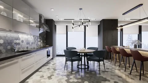 3D render. The camera spans across the common space of the apartment Stock Footage 264770357