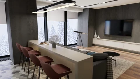 3D render. The camera spans across the common space of the apartment Stock Footage 264770359