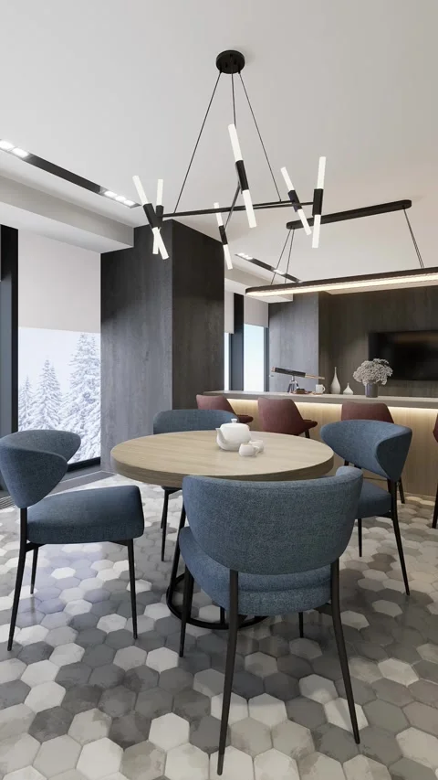 3D render. The camera spans across the common space of the apartment Stock Footage 264770389