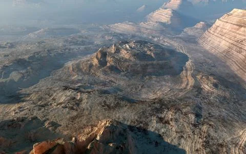 A 3D render of a canyon in a fantasy setting with a warm sun shining down on  Illustrazione stock