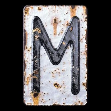 3D render capital letter M made of forged metal on the background fragment of a Illustration