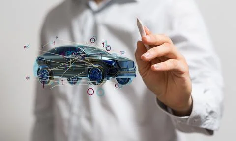 3D render of a car with connected lines near a hand with a pencil Stock Illustration