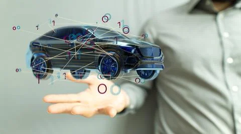 3D render of a car with connected lines above a hand Stock Illustration