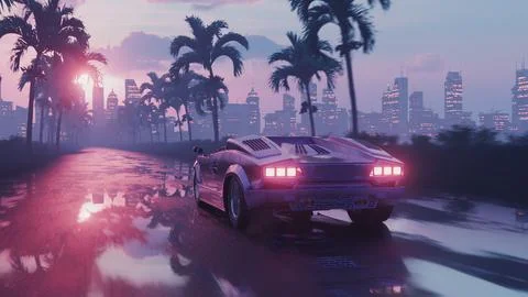 3d render car driving on wet asphalt in retro style at sunset Stock Illustration
