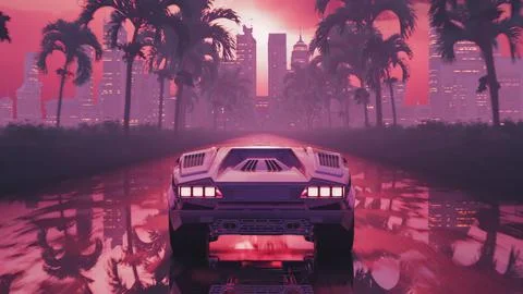 3d render car driving on wet asphalt in retro style at sunset Stock Illustration