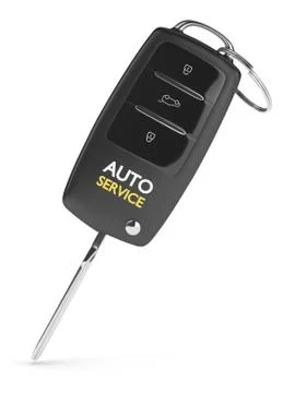 3d render of car key with auto service text Illustrazione stock