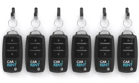 3d render of car for rent keys hanging on hook Illustrazione stock