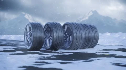 3d render car tires roll on a snowy road under the falling snow Stock Illustration