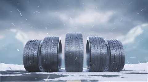 3d render car tires roll on a snowy road under the falling snow Stock Illustration