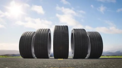 3d render car tires rolling on asphalt in the summer Stock Illustration