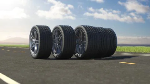 3d render car tires rolling on asphalt in the summer Stock Illustration