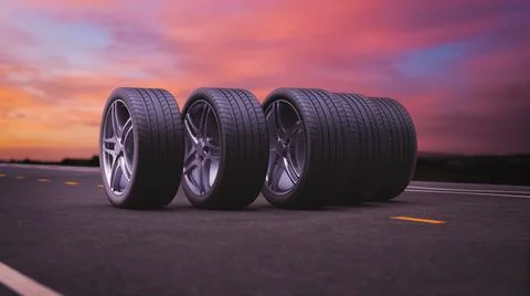 3d render car tires rolling on asphalt in the sunset Stock Illustration