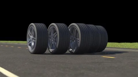 3d render car tires rolling on asphalt in the summer on a black background Stock Illustration
