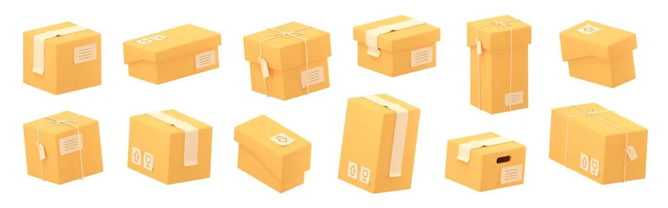 3d render cardboard boxes isolated icons set Illustrazione stock