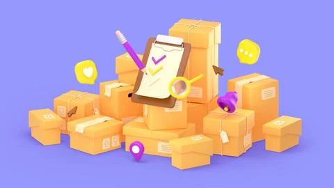3d render cardboard boxes pile, clipboard, pen Illustrazione stock