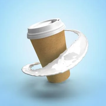 3d render. Cardboard cup with coffee and milk splashes on blue background Stock Illustration