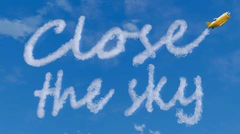 3D render of cartoon airplane writing text Close the sky. Concept of war in 스톡 일러스트