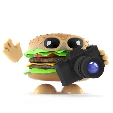 3d render of a cartoon beef burger with a camera Stock Illustration