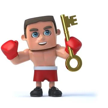 3d render of a cartoon boxer holding a red key 스톡 일러스트