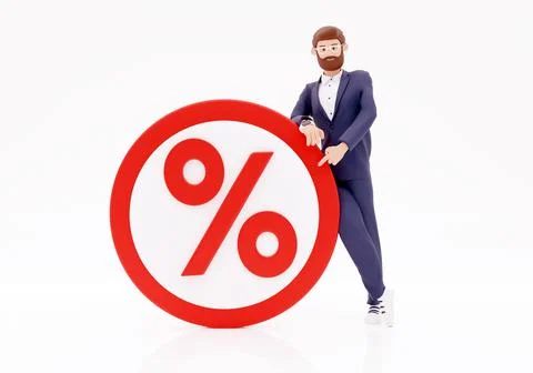 3d render cartoon character and big percent icon. Concept business interest rate Illustrazione stock