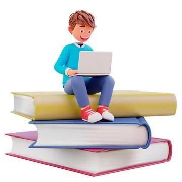 3d render of a cartoon character boy sitting on the book pile with laptops on hi イラスト素材