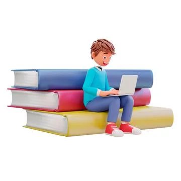 3d render of a cartoon character boy sitting on the book pile with laptops on hi Stock Illustration