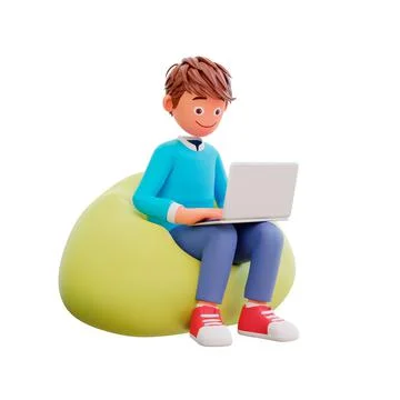 3d render of a cartoon character boy sitting on the bean bag with laptops on his 스톡 일러스트