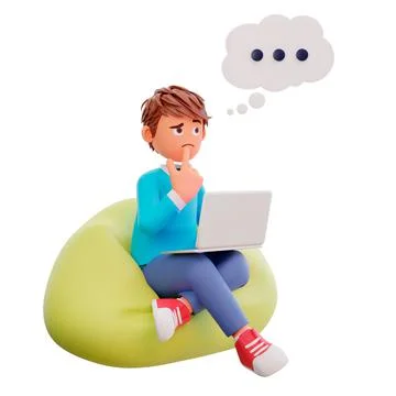 3d render of a cartoon character boy sitting on the bean bag holding the laptop Stock Illustration