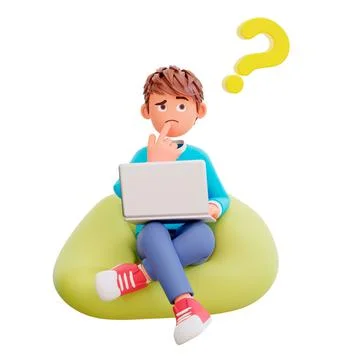 3d render of a cartoon character boy sitting on the bean bag holding the laptop 스톡 일러스트
