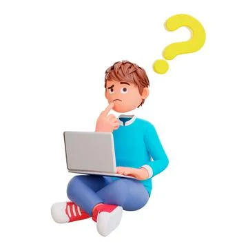 3d render of a cartoon character boy sitting with his laptop and thinking Illustrazione stock
