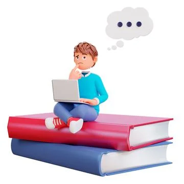3d render of a cartoon character boy sitting on the book pile holding the laptop Stock Illustration