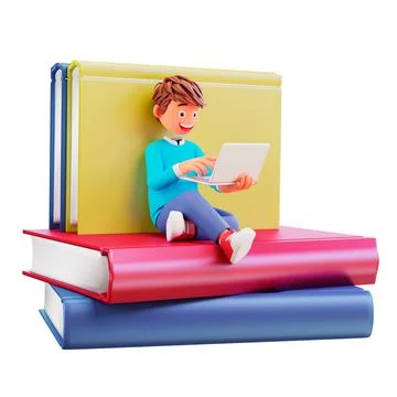 3d render of a cartoon character boy sitting on the book pile and holding the la Stock Illustration