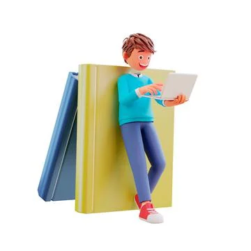 3d render of a cartoon character boy leaned on the books and holding his laptop Stock Illustration