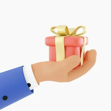 3d render Cartoon character hand with gift box. 3d render hand of businessman in Stock Illustration