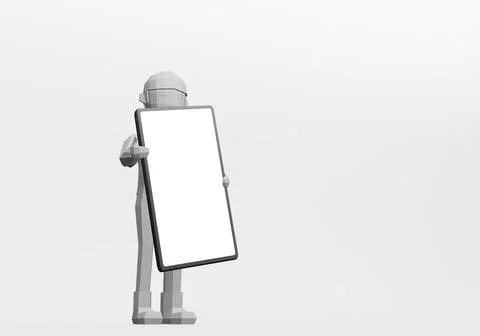 3d render of cartoon character holding a smartphone or mobile phone. Stock Illustration