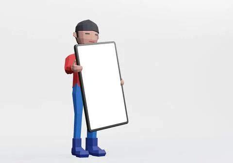 3d render of cartoon character holding a smartphone or mobile phone. Illustrazione stock