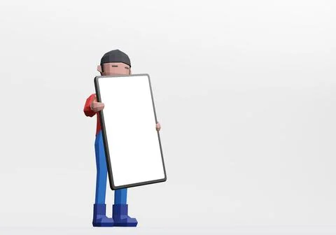 3d render of cartoon character holding a smartphone or mobile phone. 스톡 일러스트