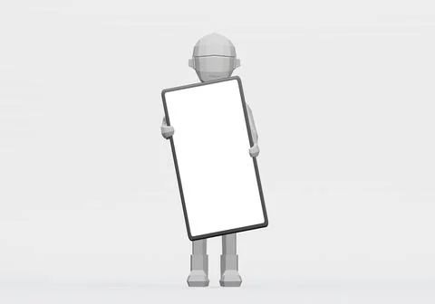 3d render of cartoon character holding a smartphone or mobile phone. Stock Illustration
