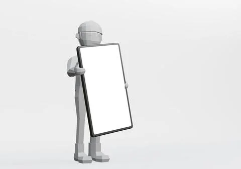 3d render of cartoon character holding a smartphone or mobile phone. Illustrazione stock