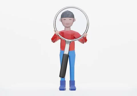 3d render of cartoon character holding a magnifying glass. Stock Illustration