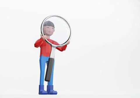 3d render of cartoon character holding a magnifying glass. Illustrazione stock