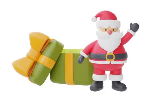 3d render of cartoon character santa claus with gift box isolated on white ba Stock Illustration