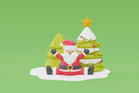 3d render of cartoon character santa claus with Christmas trees. Merry Christ Stock Illustration