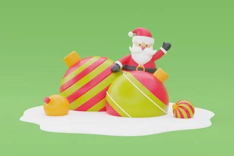 3d render of cartoon character santa claus with Christmas balls. Merry Christ Stock Illustration