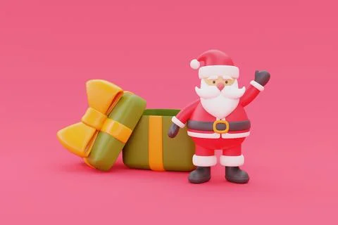 3d render of cartoon character santa claus with gift box. Merry Christmas and Stock Illustration