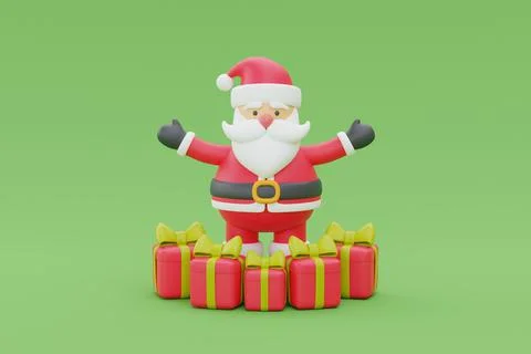 3d render of cartoon character santa claus with gift box. Merry Christmas and Stock Illustration
