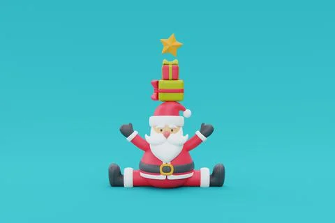 3d render of cartoon character santa claus with gift box. Merry Christmas and Stock Illustration